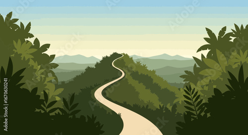 Winding Path Through Lush Green Mountain Landscape with Distant Peaks