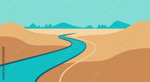 Winding River Through Desert Landscape Flat Vector Illustration Graphic