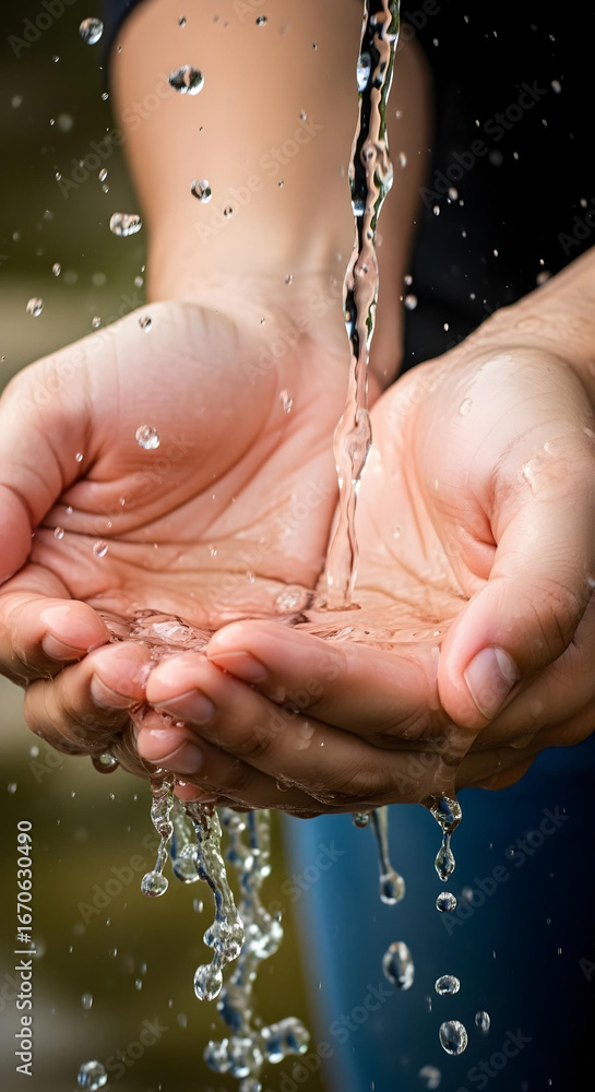 Fototapeta premium Hands cupped catching clear water with splashing droplets