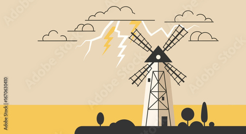 Windmill Against Stormy Sky Flat Design Vector Illustration Icon