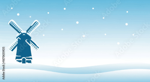 Windmill Silhouette In Snowy Scenery On Cold Winter Season Holidays