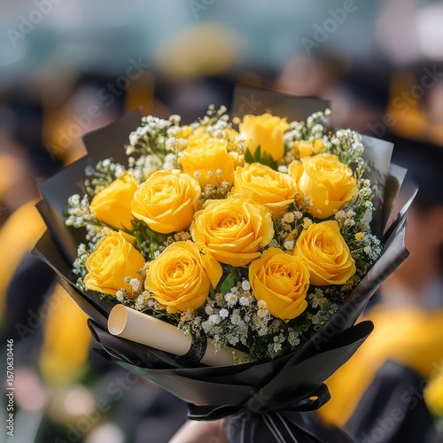 Celebrating Success: A Bouquet of Yellow Roses for the Graduate with Diploma on a Graduation Day Ceremony.