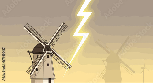 Windmills Under The Tempest Lighting Illustration Near Wind Farm Plains