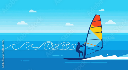 Windsurfing In The Open Sea Summer Sport Activity Minimalistic Illustration