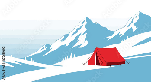 Winter Adventure Awaits Red Tent Amidst Snowy Mountains Landscape Journey