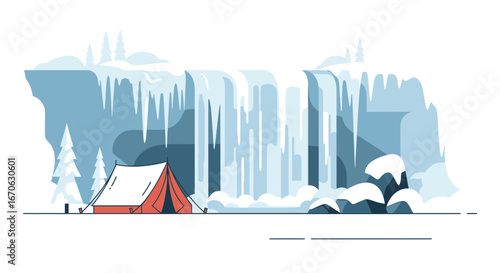 Winter Adventure Camping Beside Scenic Waterfall Frozen Natural Landscape