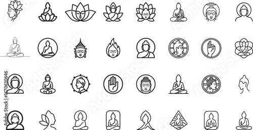 A black and white line art vector collection of various Buddhist and Buddha-related icons, representing spirituality, meditation, and enlightenment