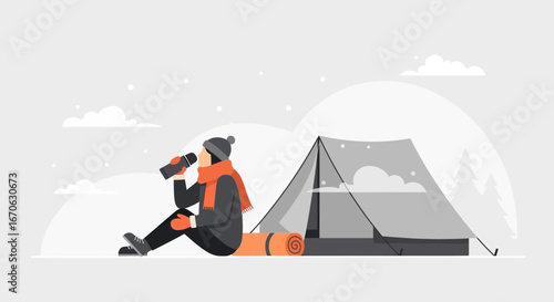 Winter Adventure Camping Person Enjoying Beverage Near Tent Against Snowy Backdrop