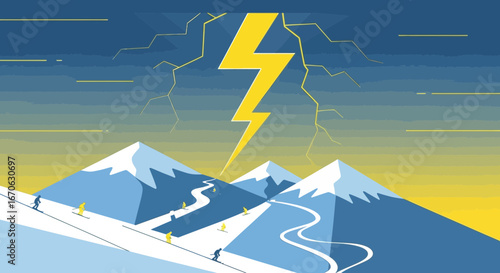 Winter Adventure In The Mountains With Dramatic Lightning Strikes Illustration