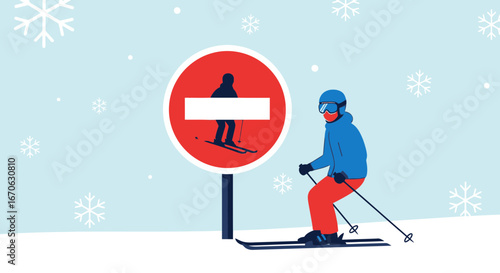 Winter Adventure Skier Ignoring Forbidden Access Sign on Snow Mountain