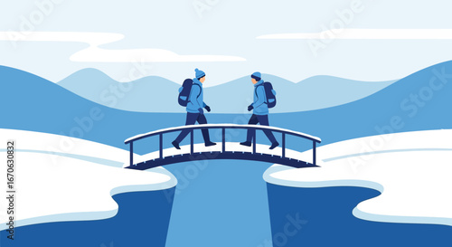 Winter Adventure Two Friends Trekking Across Snowy Bridge In Mountainous Landscape