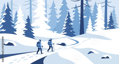 Winter Adventure Two Hikers Trekking Through Snowy Forest Landscape
