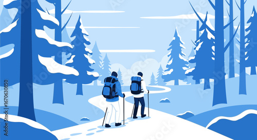 Winter adventure: Two hikers explore a snowy forest trail with backpacks and poles
