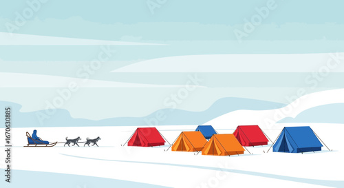 Winter Adventure With Dog Sled And Camping In Snowy Landscapes Outdoors
