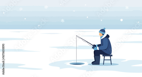 Winter Adventures Angler Enjoying Frozen Lake Fishing Under Gentle Snowfall