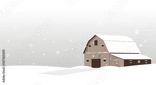 Winter Barn Scene With Falling Snowflakes In Minimalist Style Illustration