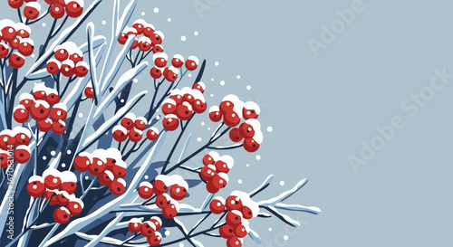 Winter Berries Background With Snowflakes And Branches On A Blue Backdrop