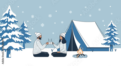 Winter Camping Adventure A Couple Enjoys Hot Drinks By Campfire in Snowy Scenery
