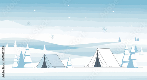 Winter Camping Adventure In A Snowy Landscape With Tents And Pine Trees