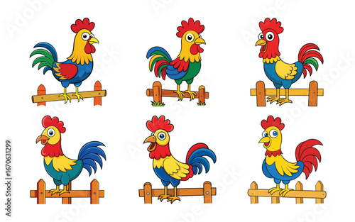 Colorful Roosters on Wooden Fences Farm Animals Cartoon Illustration