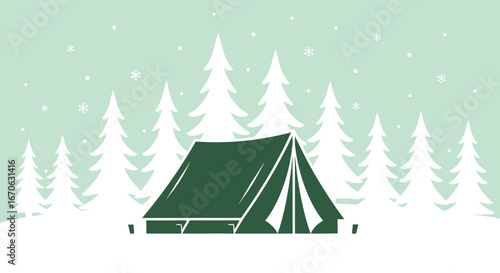 Winter camping adventure vector illustration with a green tent and trees in snow