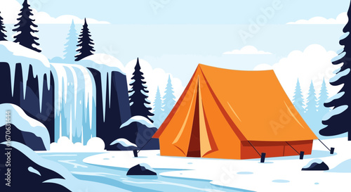 Winter Camping Adventure With Orange Tent And Waterfall Landscape Illustration
