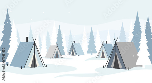 Winter Camping Adventure With Tents In A Snowy Forest Landscape Design