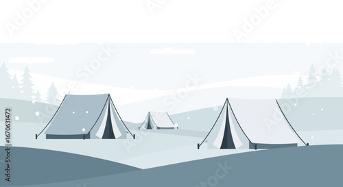 Winter Camping Adventure With Tents Amid Snowy Landscape In Flat Design Style