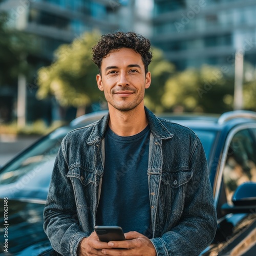 Smiling Young Man with Smartphone Leans Against a Car in Front of a Modern Building, Casual Outfit, Outdoor Portrait
