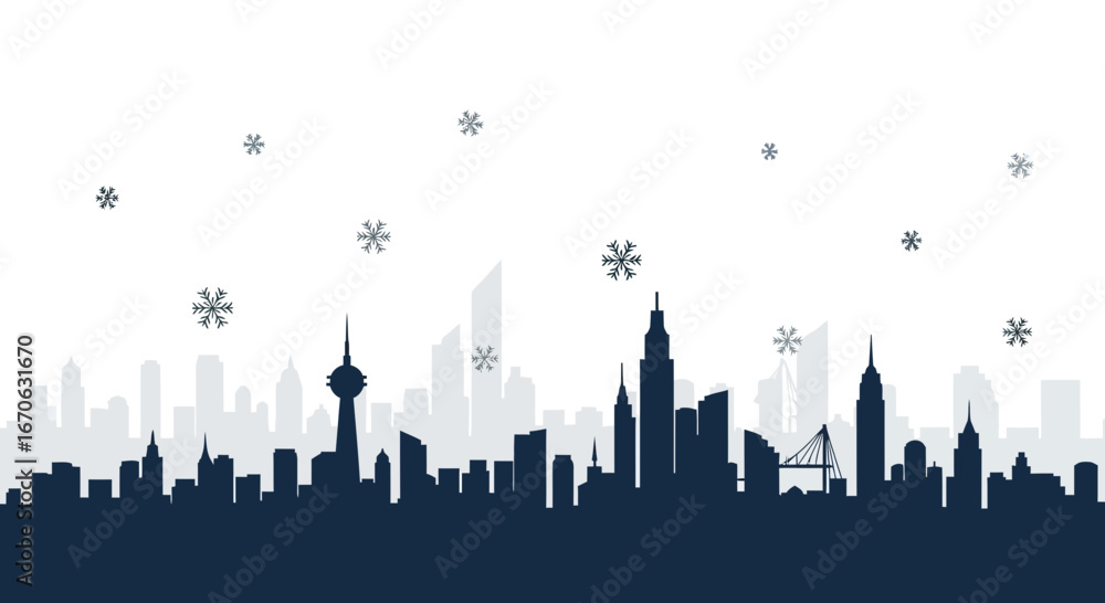 Obraz premium Winter Cityscape Silhouette With Falling Snowflakes In An Urban Environment