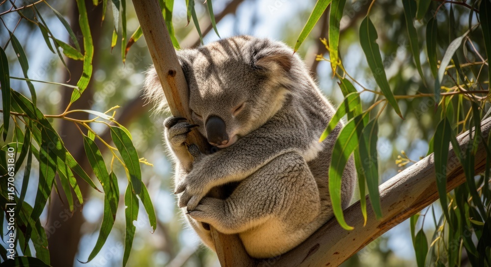 Fototapeta premium Cute Koala Sleeping Peacefully in Eucalyptus Tree in Australia