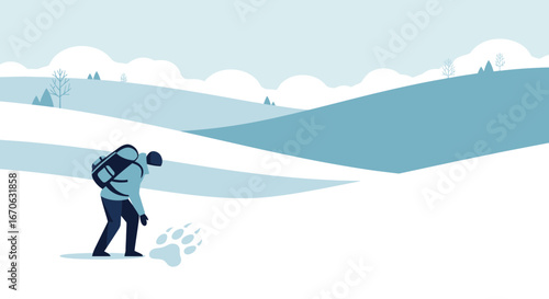Winter Expedition Adventure Hiker Following Animal Track On Snowy Landscape