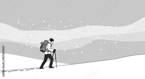 Winter Expedition Man Hiking Through Snowy Mountains Trekking Adventure Scene