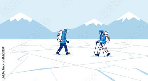 Winter Expedition Two Adventurers Hiking on Snowy Terrain with Mountain Views