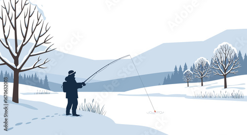Winter fishing scene illustration showcasing a serene and peaceful landscape with a lone fisherman