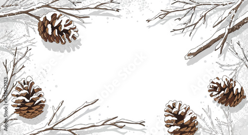 Winter Frame With Pine Cones And Snowy Branches For Festive Designs