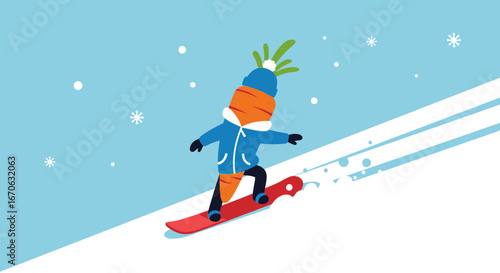 Winter Fun Vector Illustration With Carrot Man Snowboarding Downhill And Snowflakes