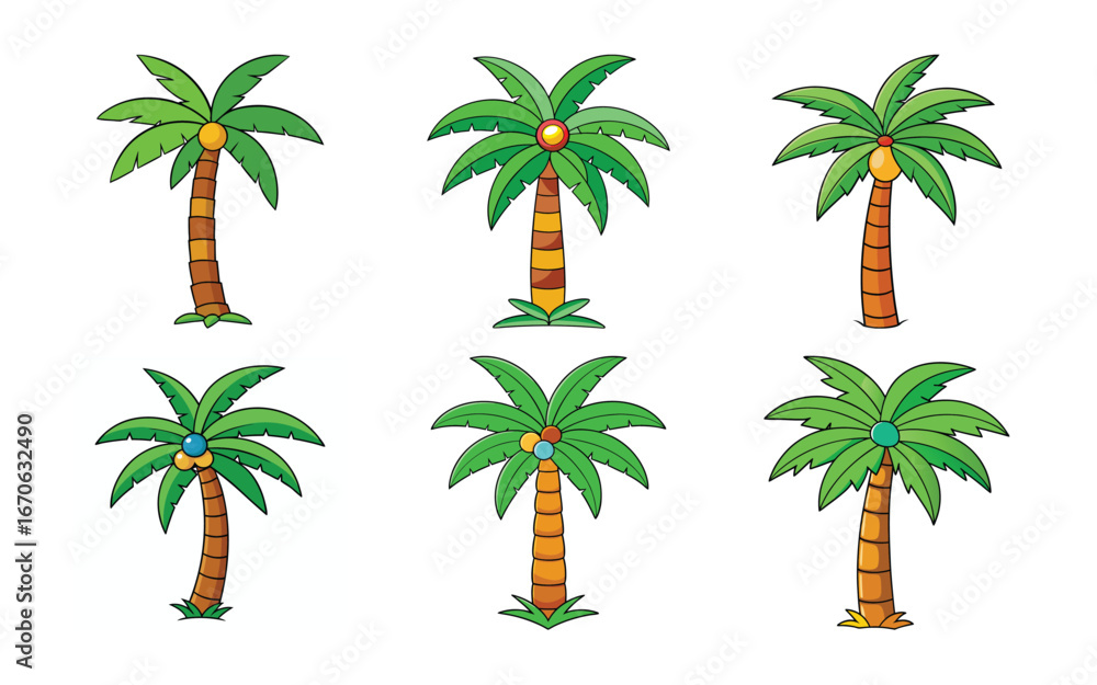 Naklejka premium Six Cartoon Palm Trees Tropical Summer Vacation Design