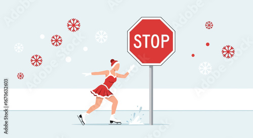 Winter Peril Skating Accident Near Stop Sign In Festive Holiday Apparel
