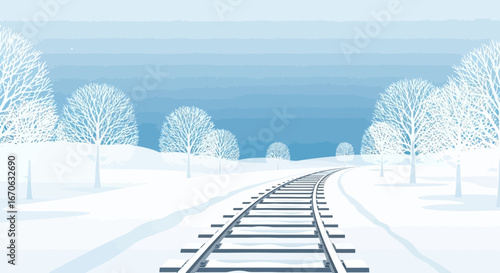 Winter Railroad Scene Through Snowy Landscape With Bare Trees And Tranquil Sky