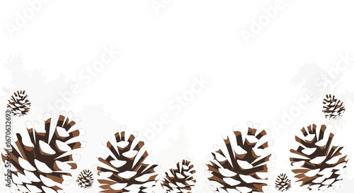 Winter Pine Cones Border On White Background With Snow Effects Decoration