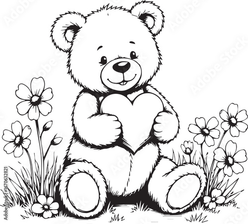 Teddy Bear's Heartfelt Embrace: An endearing teddy bear, delicately drawn in black and white, nestles amidst a bed of daisies, tenderly clutching a heart.