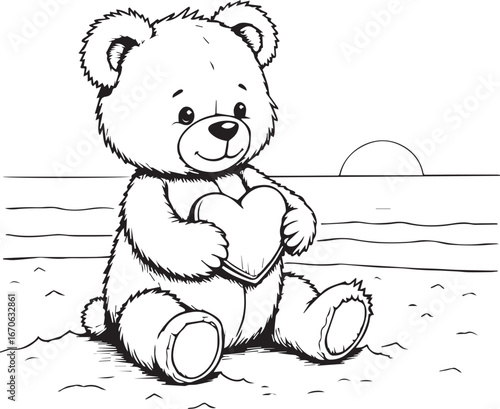 Cuddly Teddy Bear by the Shore: An adorable, plush teddy bear sits contentedly on the beach, clutching a heart. The scene evokes a sense of serenity and childlike wonder.