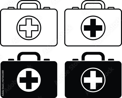 First aid kit box icon set. Emergency Medical Kits and Equipment icons isolated on transparent background. Healthcare briefcase vector illustration design.