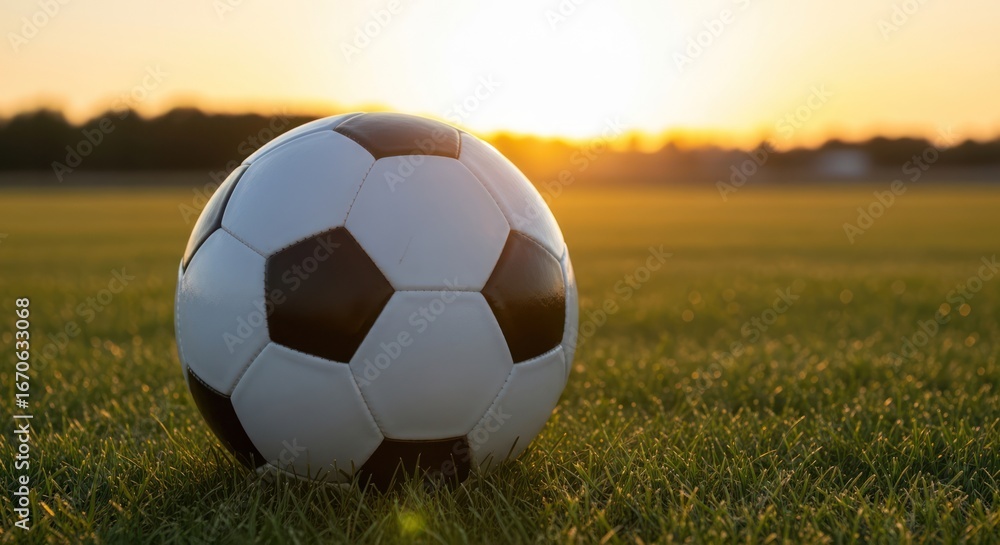 Fototapeta premium Soccer ball on grass with sunlight, golden hour on field