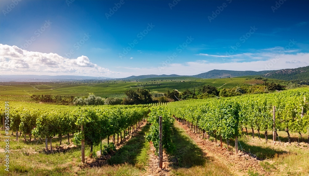 Fototapeta premium vineyards in a stunning landscape under a bright sunny sky create a beautiful scene the vibrant vineyards showcase the natural beauty of the landscape perfect for vineyard enthusiasts