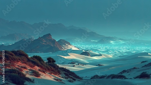 Sunlight Filtering Through Desert Haze Over Sand Dunes and Mountains