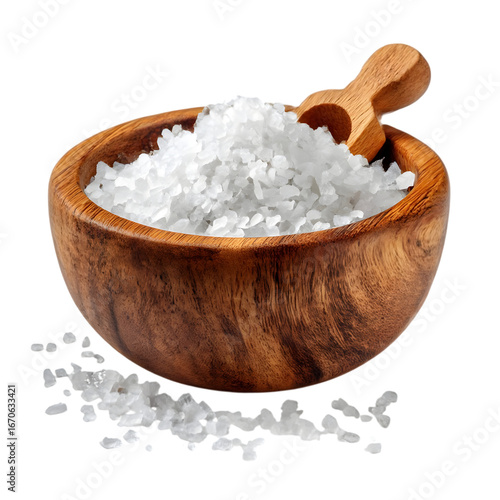 White sea salt in wooden bowl with spoon. Natural and healthy cooking ingredient. Isolated on transparent background.