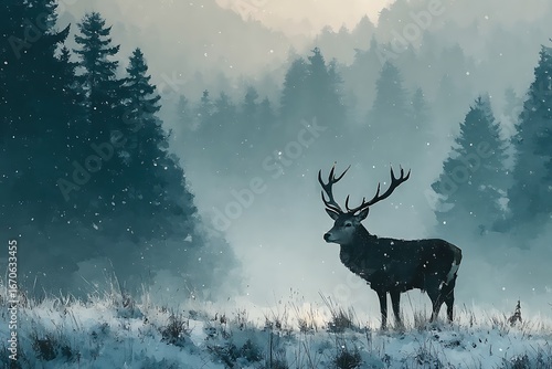Majestic deer in misty winter scene high resolution picture