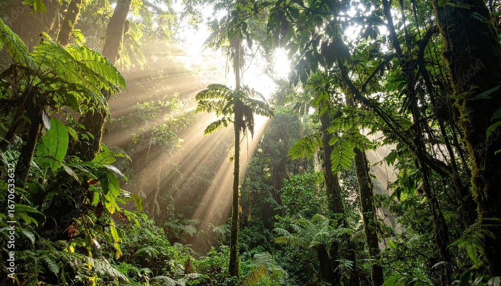 Fototapeta premium Sunlight Filtering Through Rainforest Canopy